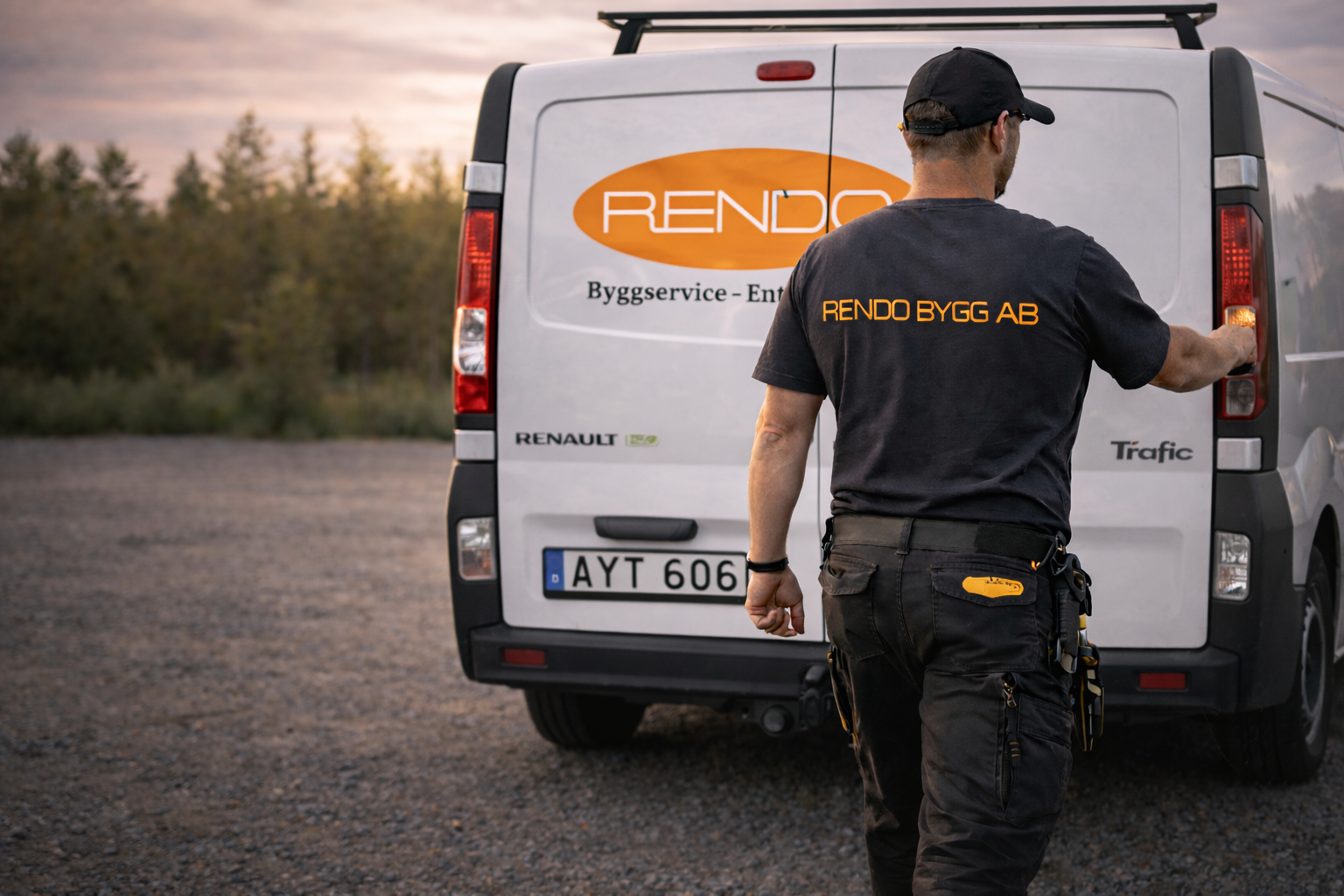 En medarbete står vid en rendo bil.